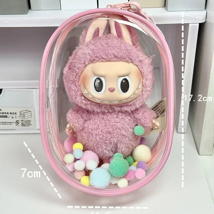 Transparent PVC cube storage bag with colourful ball keychain for cotton dolls and collectibles