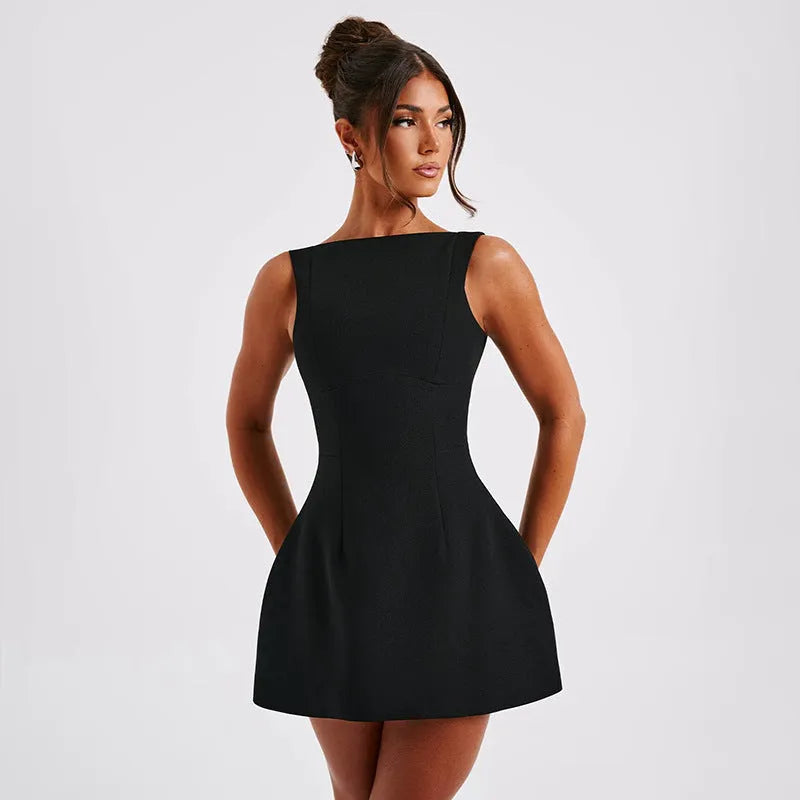 Slim-fitting black backless sleeveless summer dress with a high waist and short skirt.
