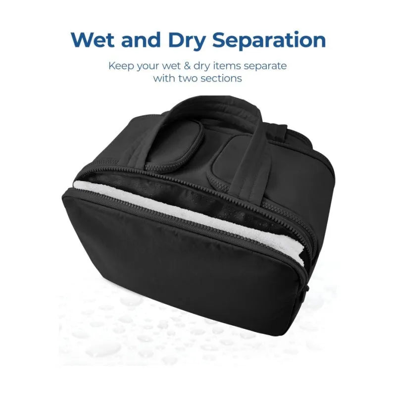 Large fluffy travel toiletry bag in beige colour with wide open design showing interior