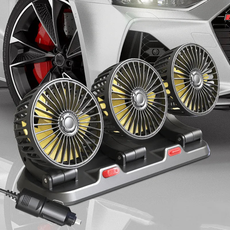 Three head automotive cooling fan with long cable for car dashboard or cabin use.