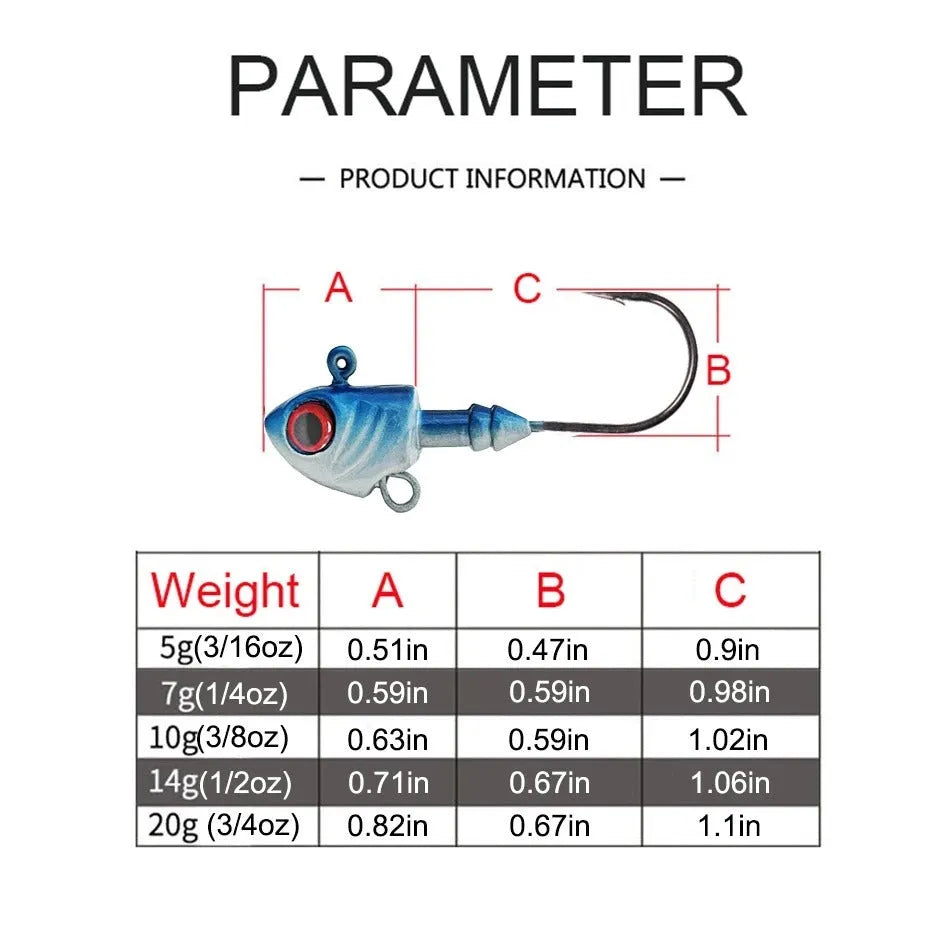 Yayu-shaped lead head fishing jig lure with barbed hook in blue, silver, and yellow colours.