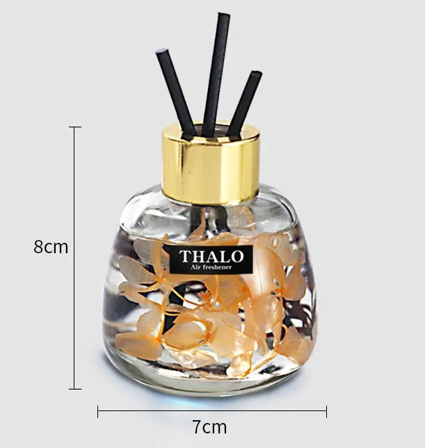 Clear glass bottle car perfume ornament for loose incense aromatherapy, shown in a car interior.