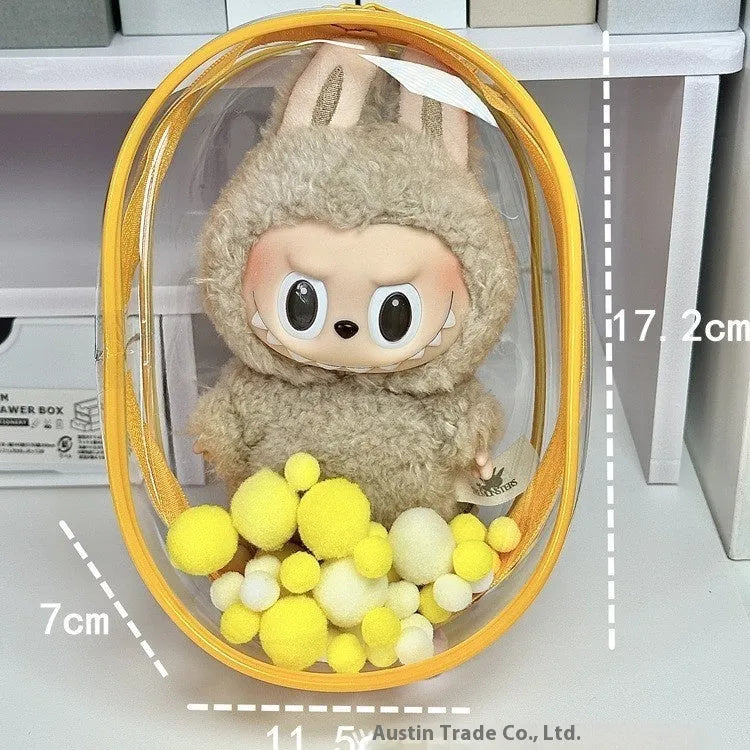 Transparent PVC cube storage bag with colourful ball keychain for cotton dolls and collectibles