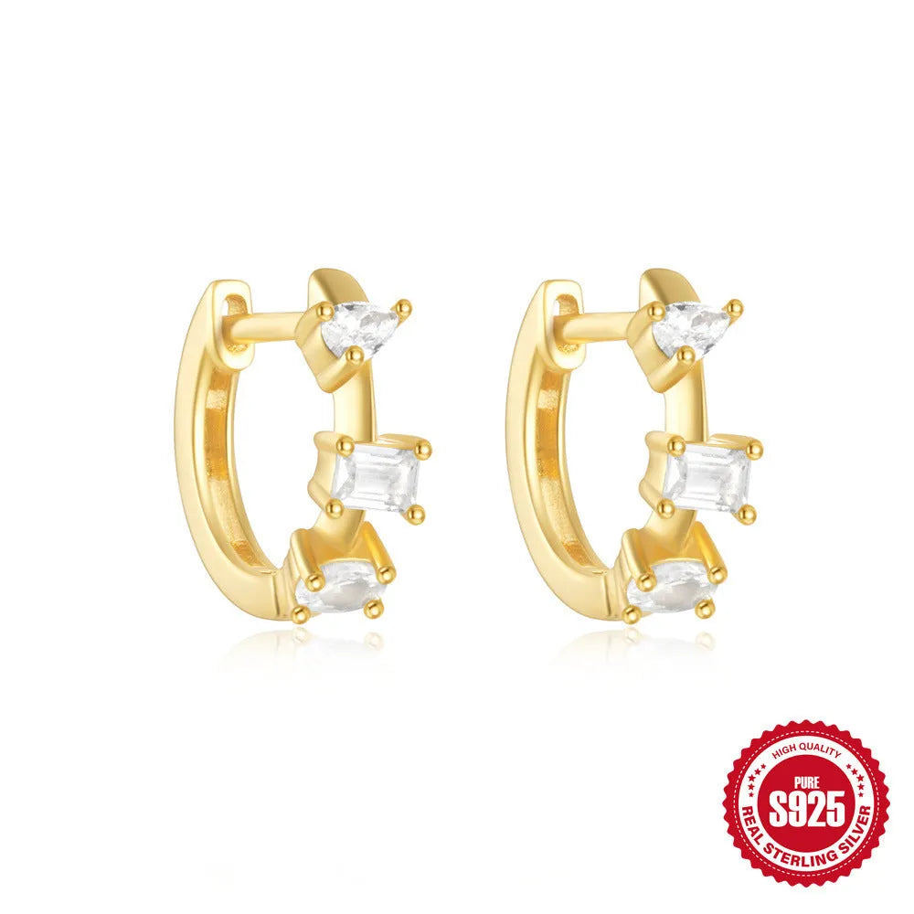 Sterling silver geometric stud earrings with diamond detailing in gold or silver finish