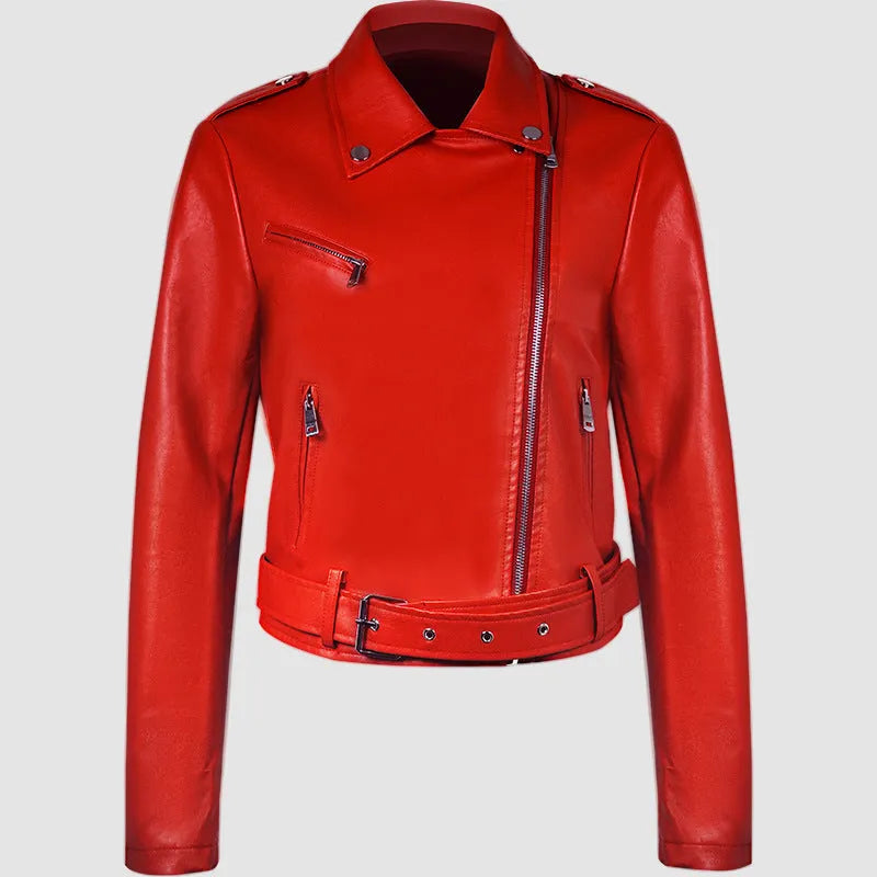 Women's red PU leather biker jacket with lapel collar and removable waist belt on a hanger.
