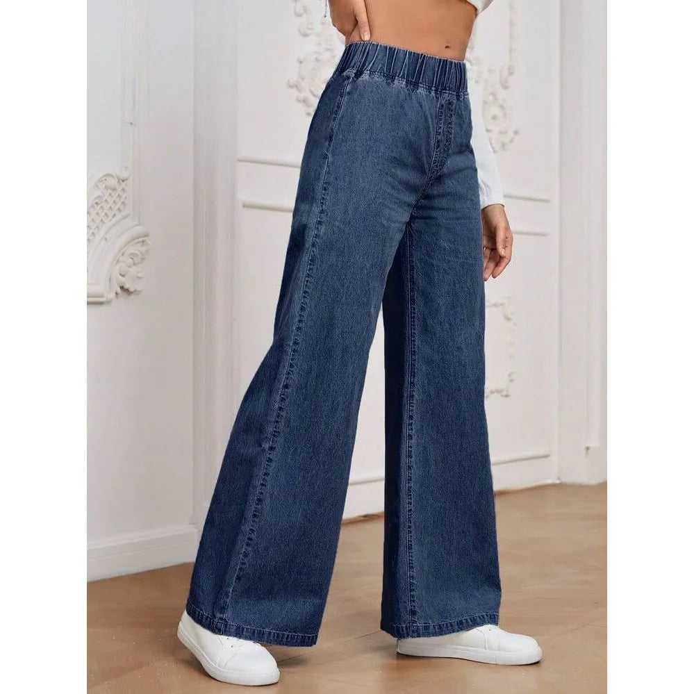 Light blue washed wide-leg denim trousers for plus size women with straight fit and mid-rise waist