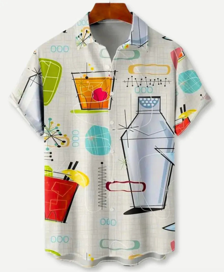 Man wearing a short sleeve Hawaiian print shirt with a floral lapel, made from elastic polyester fabric.