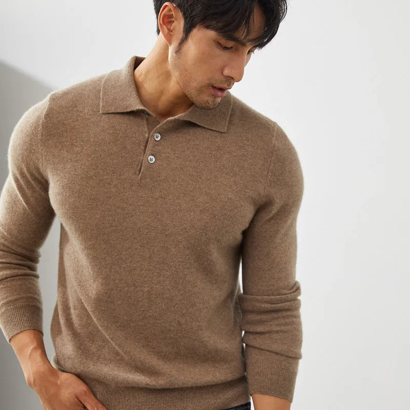 Men's cashmere polo collar pullover sweater in loose fit on hanger