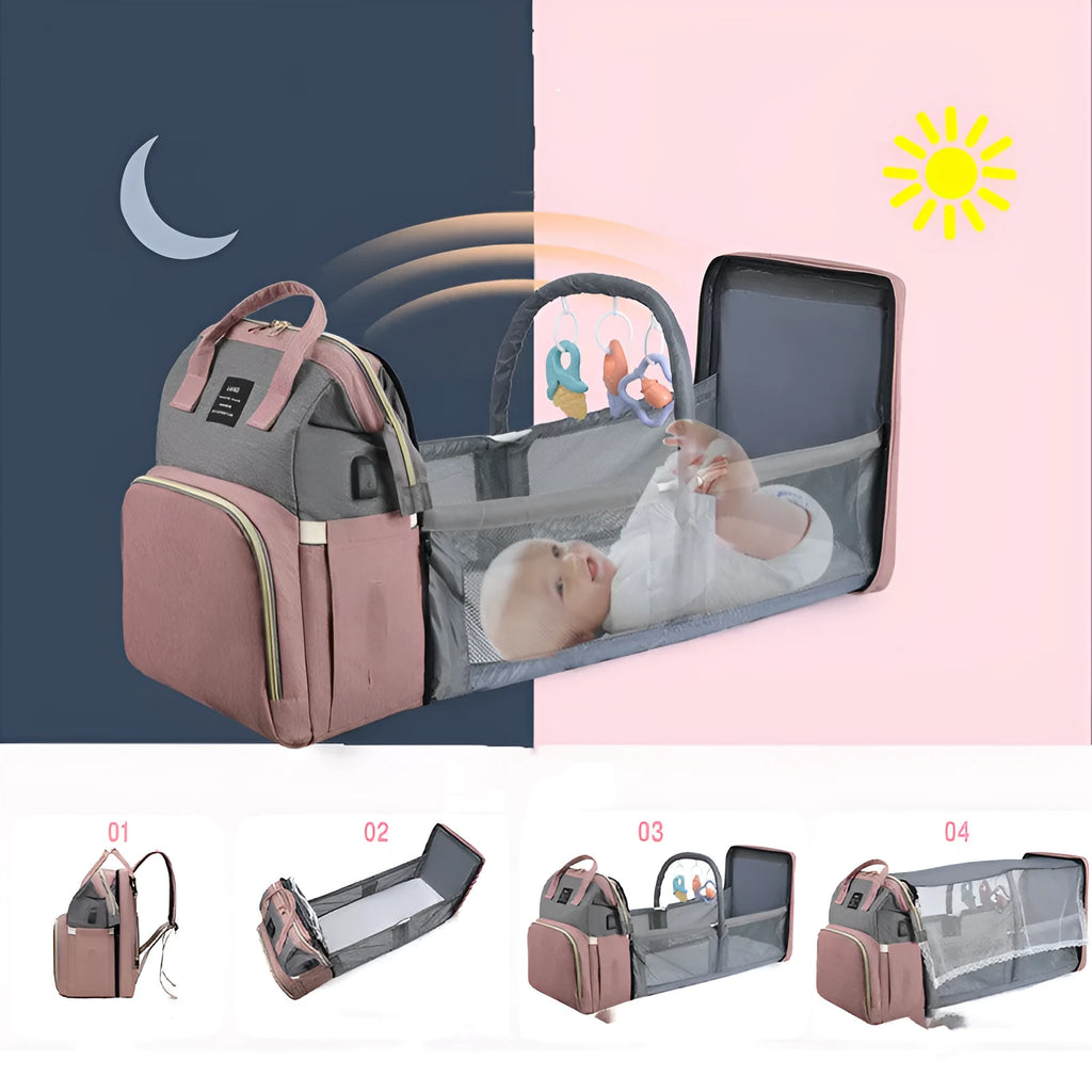 Large capacity insulated baby crib backpack in pink grey with double shoulder straps and outer pocket on white background
