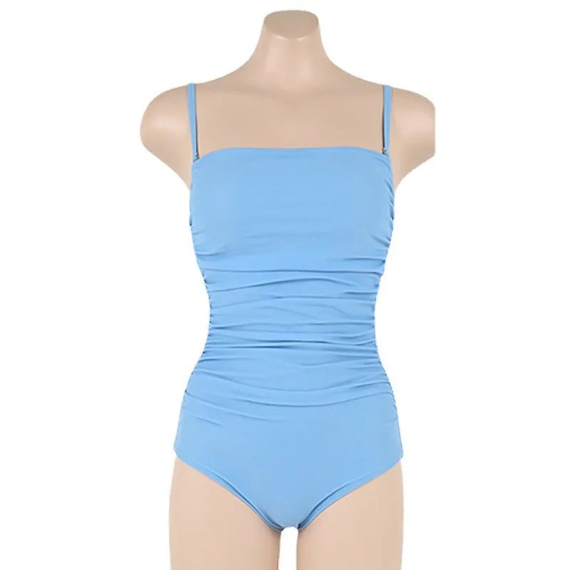 Sling style belly pleated one-piece swimsuit in slim fit available in blue, white, yellow, black colours