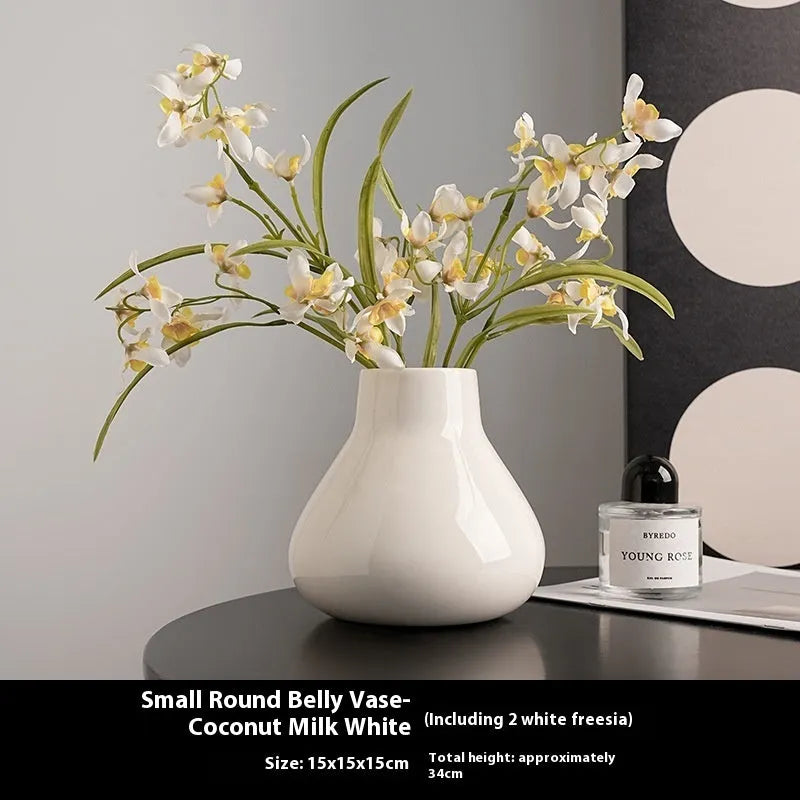 Ceramic round belly vase in black or white with French modern style and optional artificial orchid flowers