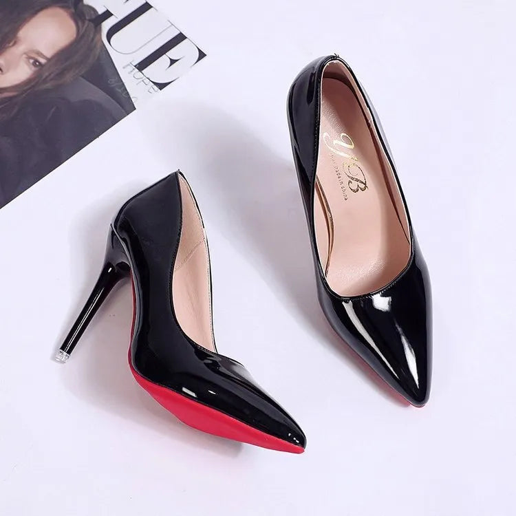 Women's solid colour pointed toe stiletto heel pumps with shallow mouth design and rubber sole