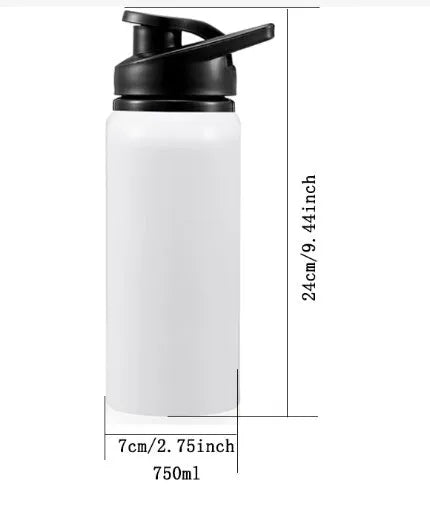 White aluminium sports water bottle for cycling and outdoor activities showing 600ml and 750ml capacity options