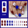 Short glossy red and blue nail stickers with strawberry and cherry pattern, 24 pieces.