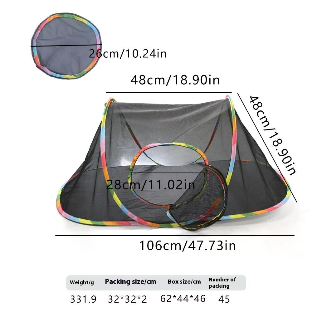 Foldable mesh cat play cage showing interlocking panels in a tunnel configuration.