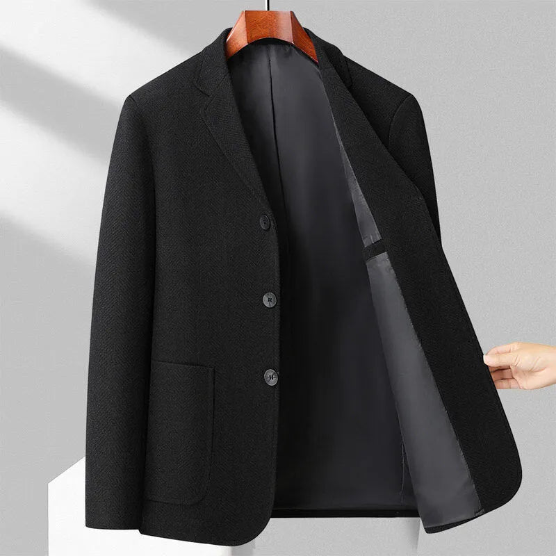 Men's loose fit woolen coat in solid colours for spring and autumn seasons