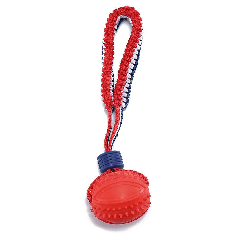Blue dog ball with rope toy for small dogs, showing textured surface and 29cm length.