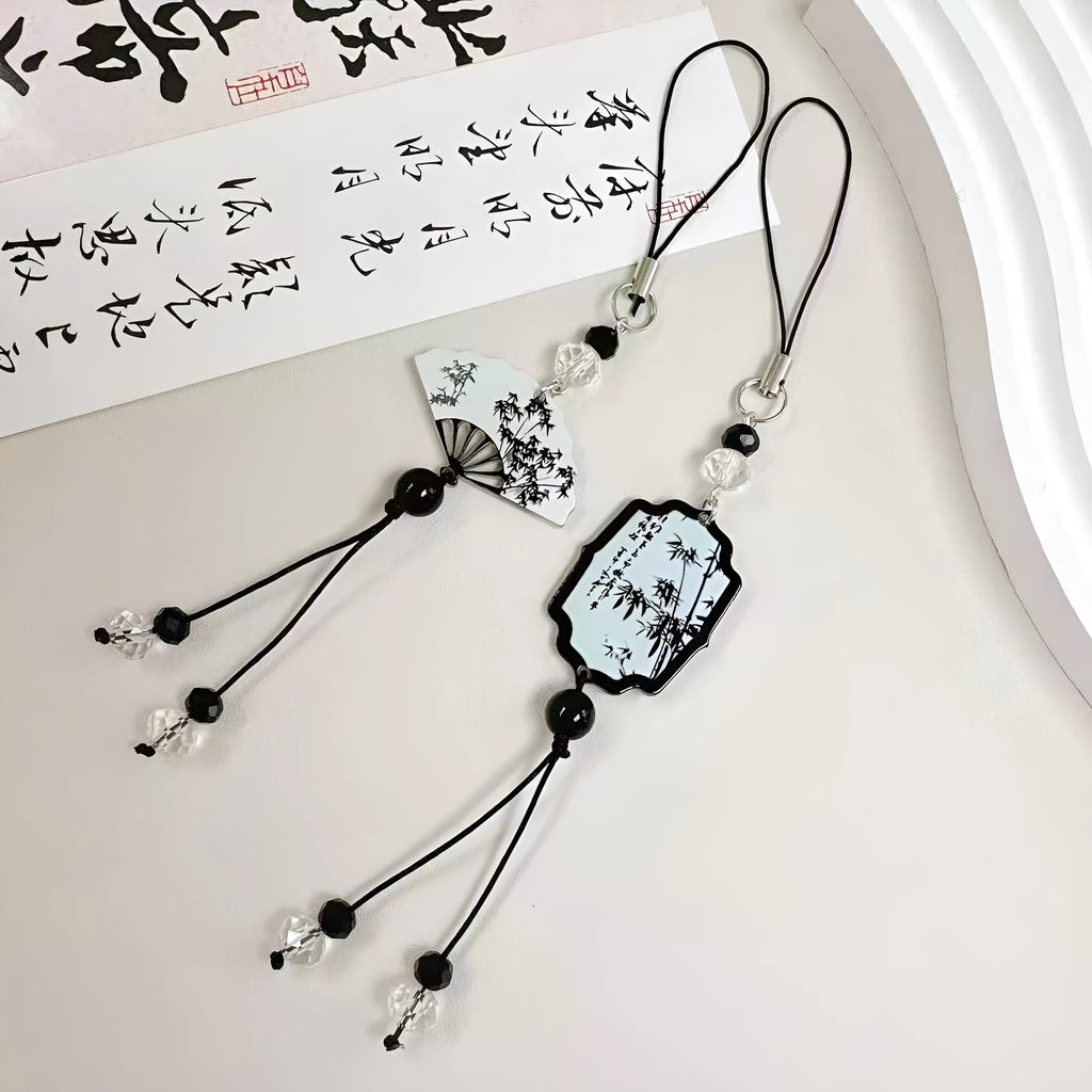 Guofeng Chinese style bead keychain with flower patterns and baking varnish finish for schoolbags