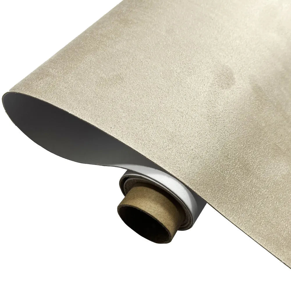 Self-adhesive leather suede sheet roll in multiple colour swatches showing black, brown, blue, and red.