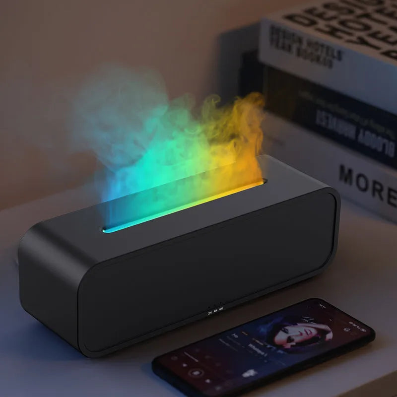 Black and white aroma diffuser with colour-changing flame effect lights and remote control for aromatherapy
