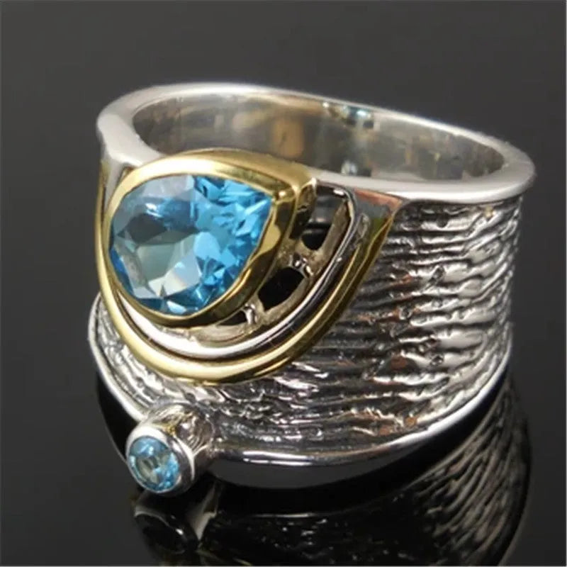 Blue Chinese-style women's ring with rhinestone detailing in drop shape, available in sizes 6 to 10.