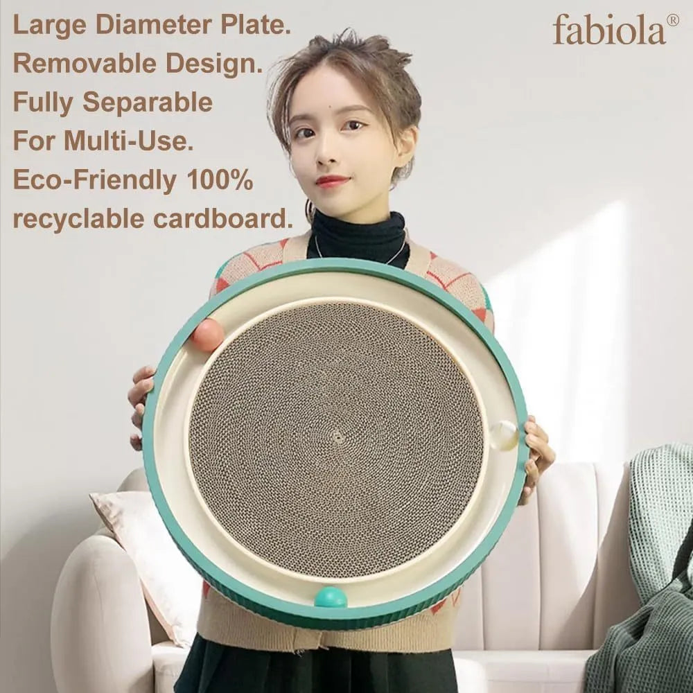 Large circular cat scratching board with green replaceable core and interactive bell toys