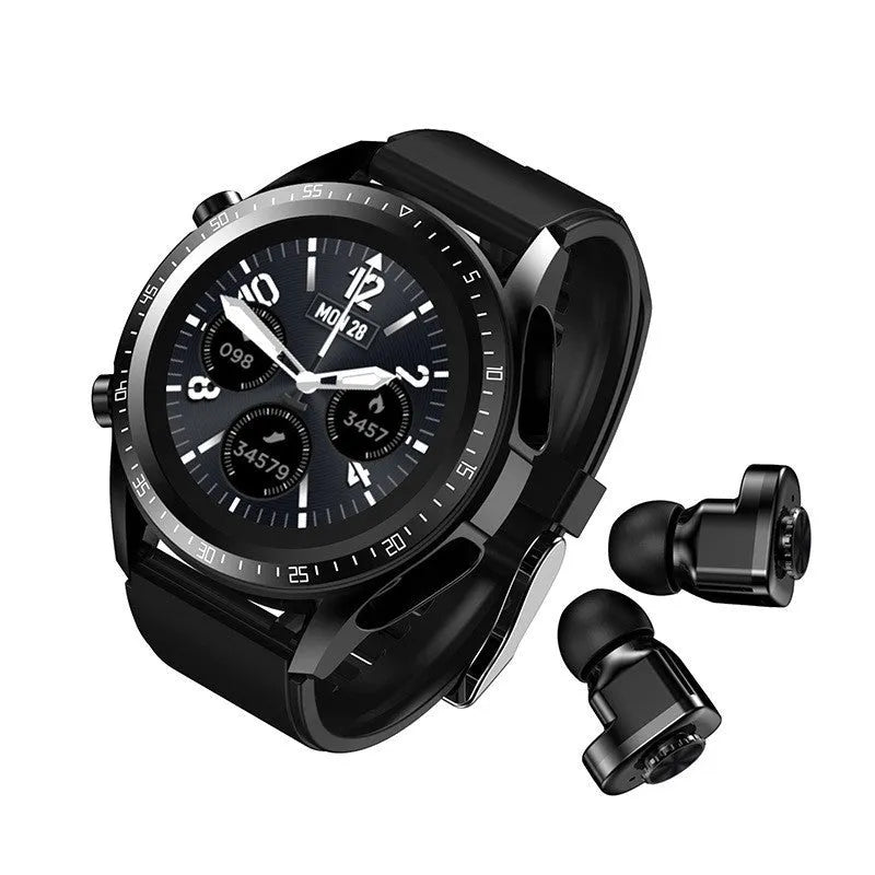 Black smart watch with health monitoring features on silicone wrist strap