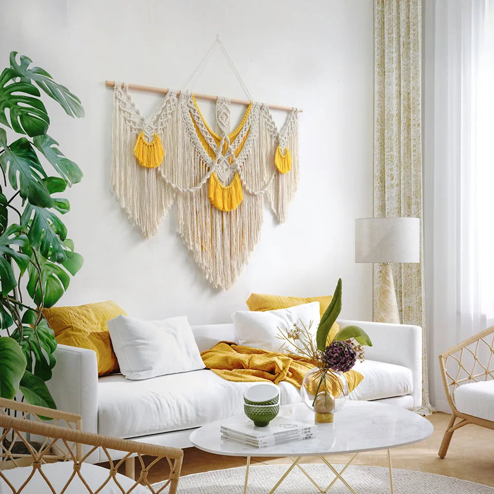 Nordic style cotton tapestry with hand-made weaving, creamy-white rectangle measuring 120cm by 95cm
