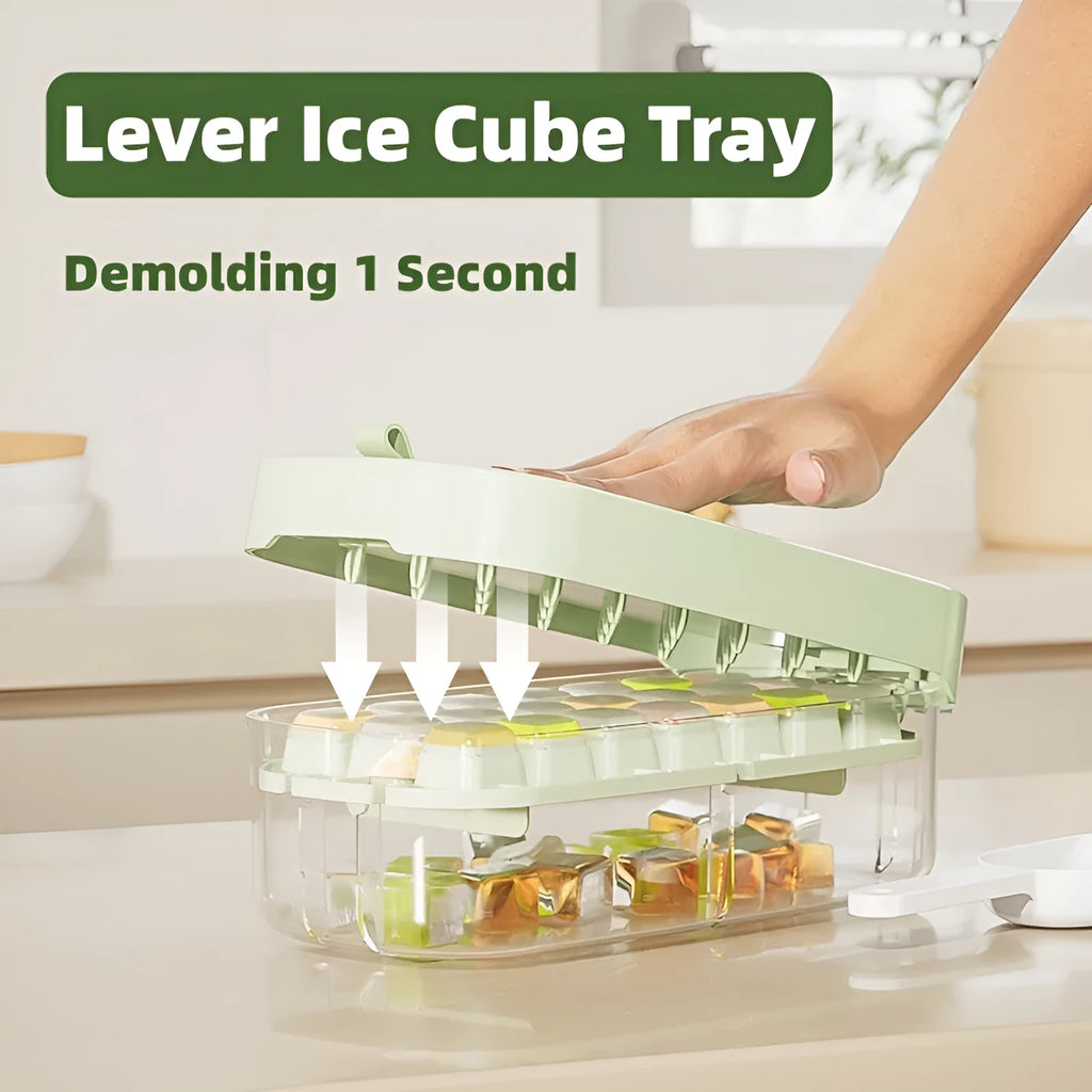 Colourful ice cube tray with grid design and integrated ice shovel storage compartment
