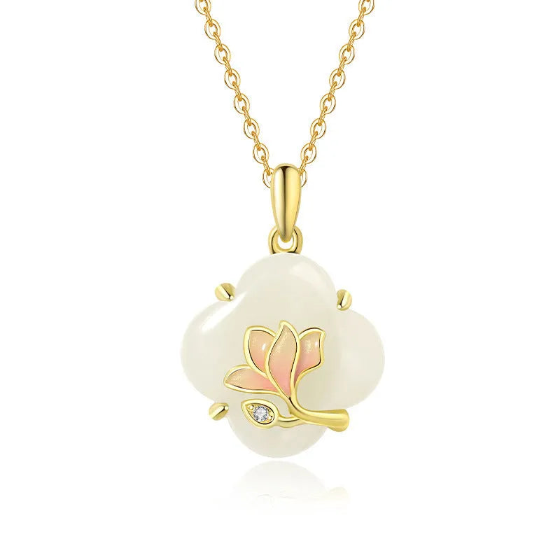 925 silver magnolia jade pendant necklace set on chain with matching bracelet and earrings