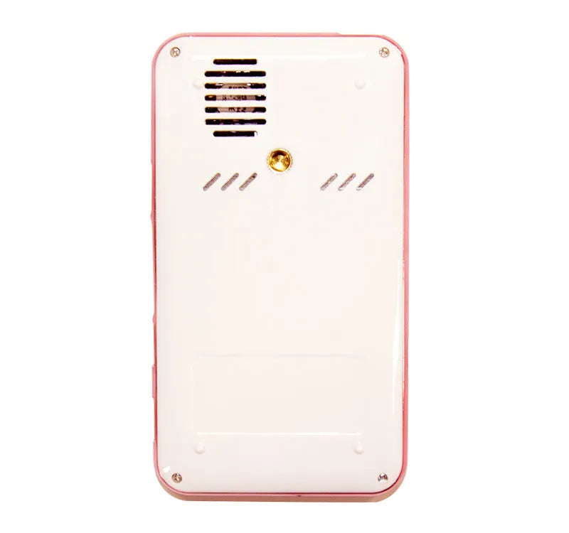 White and rose gold M6S miniature portable DLP Android projector with 32GB memory on a table.