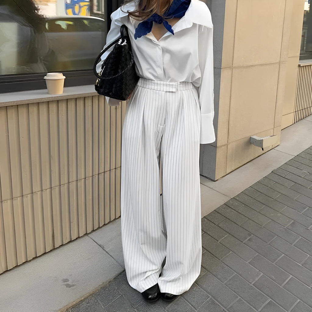 White striped wide-leg commuting trousers with front zipper detail and loose fit