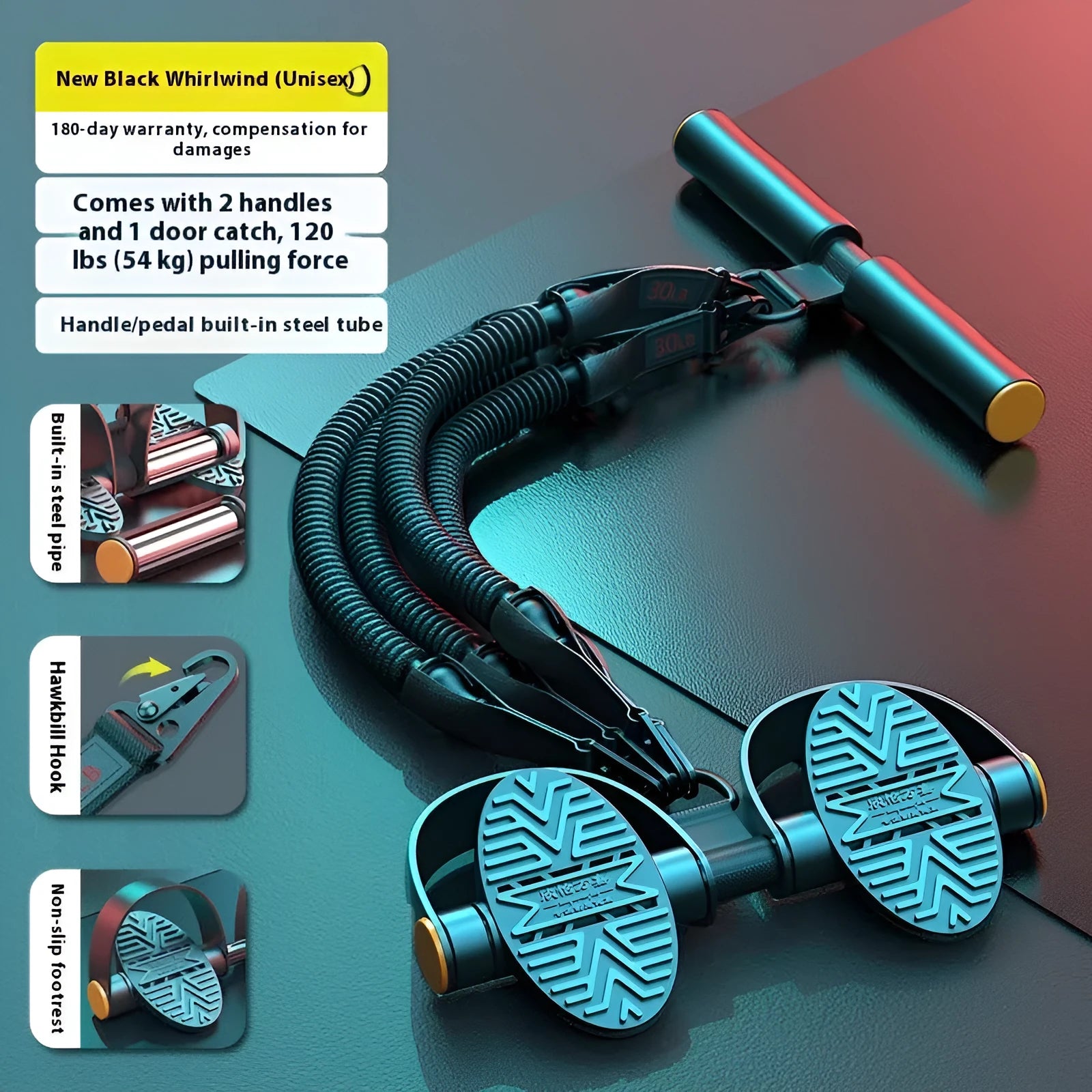 Black pedal chest expander with spring steel frame and auxiliary rope for home slimming belly and weight loss fitness.