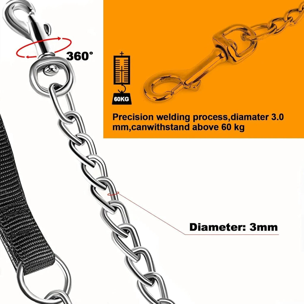 Heavy duty metal dog leash with soft black padded handle and silver chain, shown with a large dog collar clip.