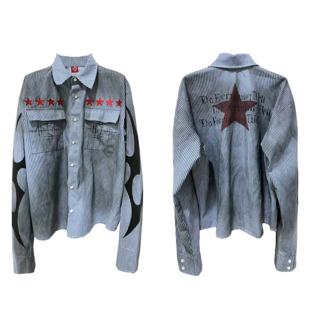 Washed blue striped casual shirt with lapel collar and long sleeves on mannequin