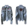 Washed blue striped casual shirt with lapel collar and long sleeves on mannequin