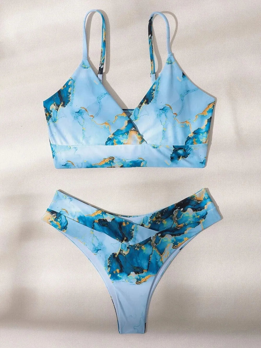 Women's marble tie-dye high-waist bikini set with U-neck top in multiple colour patterns