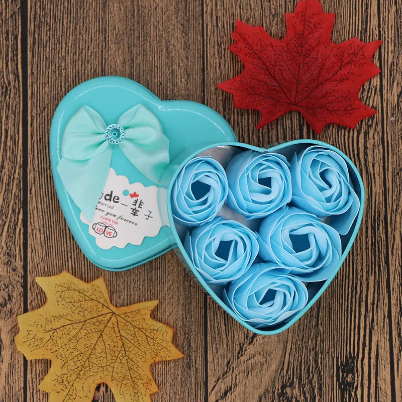 Soap flower gift box heart shaped tin box with bear figure red pink blue purple gradient handmade