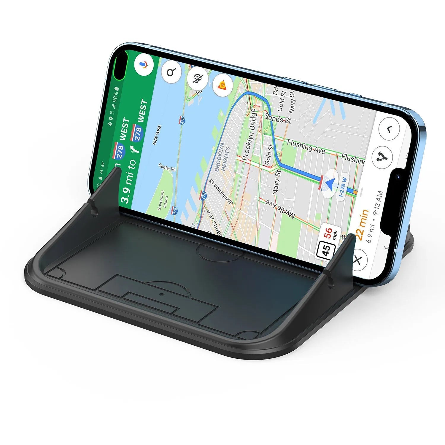 Silicone automobile phone holder Peak-X5 on car dashboard with phone attached