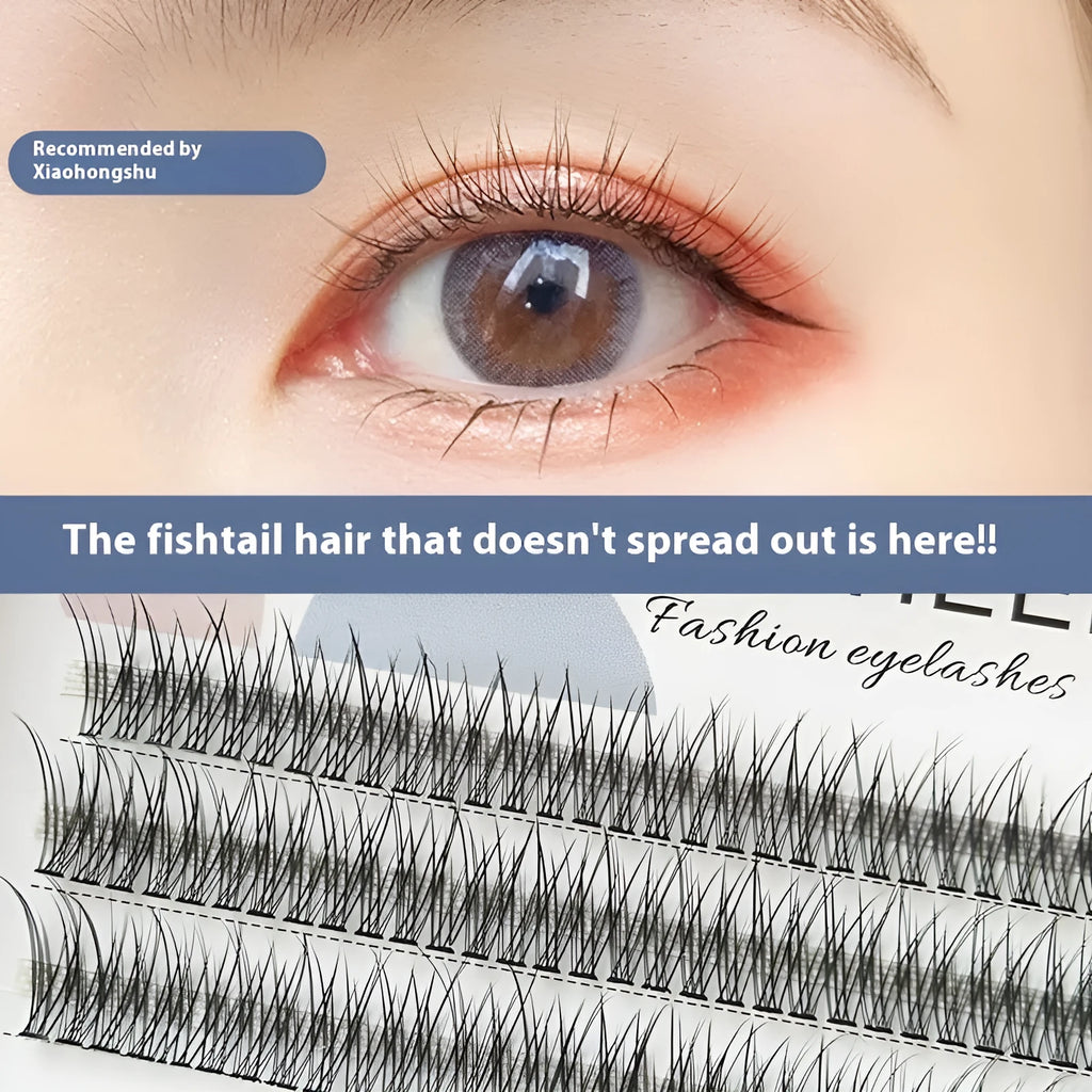 V-shaped fairy fishtail false eyelashes showing thick segment design with five size options