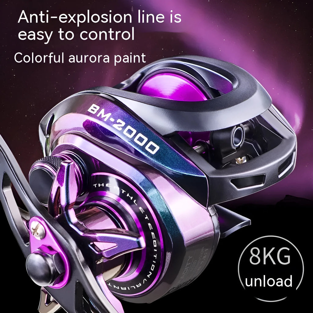 BM2000 fishing reel with water drop design and colourful finish showing magnetic brake system