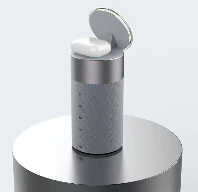 3-in-1 wireless charger Bluetooth speaker touch lamp for iPhone and AirPods in Gold colour on desk