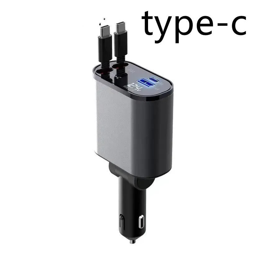 100W metal car charger with retractable cable and adjustable head for fast mobile charging in a car