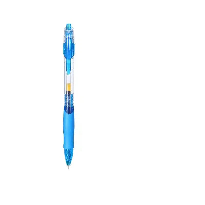 A black, blue, or red plastic gel pen with a 0.5mm tip, shown with black, red, and blue ink refills.