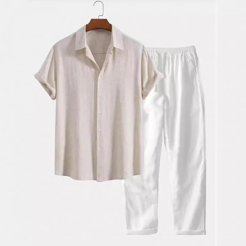 Men's loose fit casual short sleeve shirt and trousers set in linen-look fabric