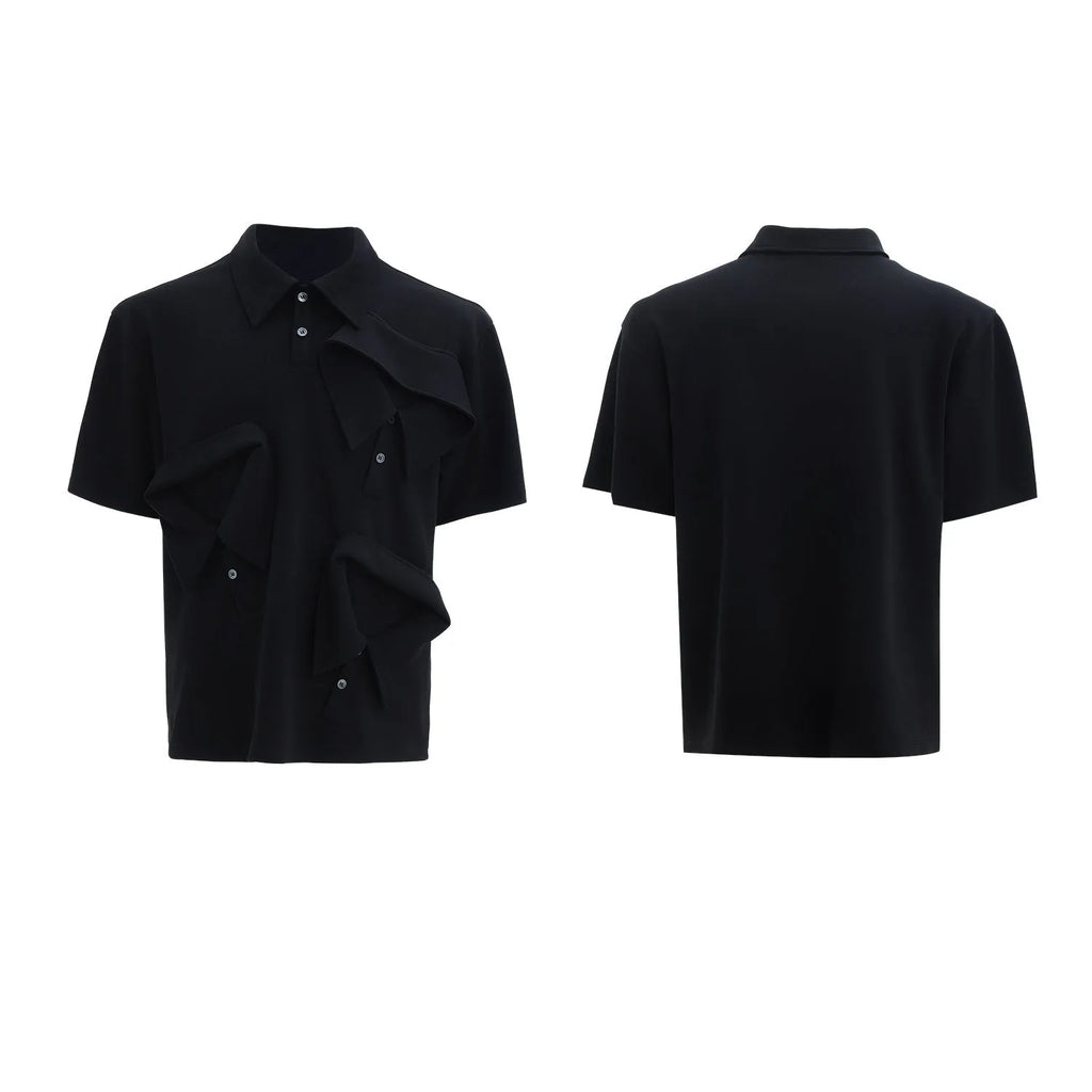 Men's geometric print polo shirt with deconstructed collar in black, grey or white colours