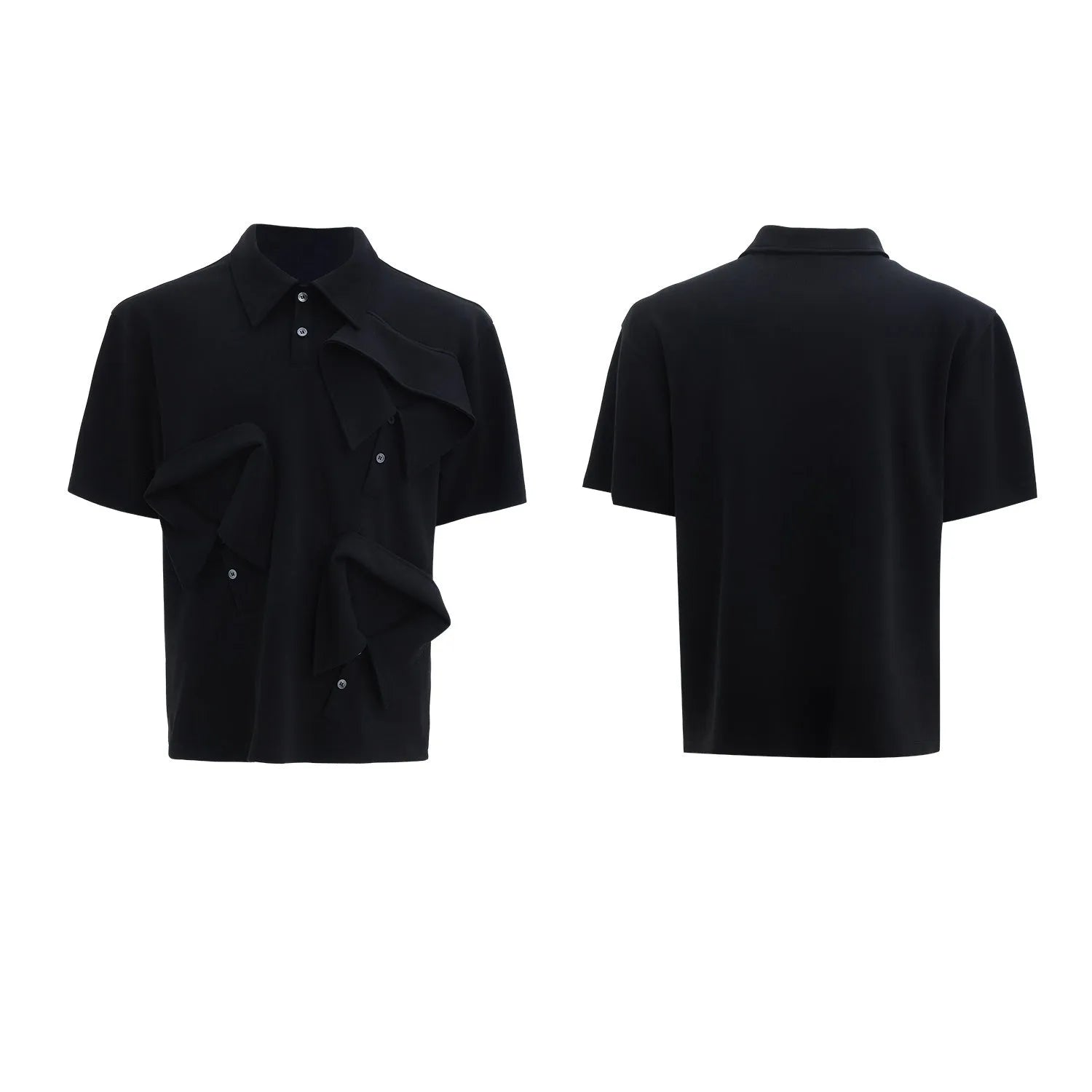 Men's geometric print polo shirt with deconstructed collar in black, grey or white colours