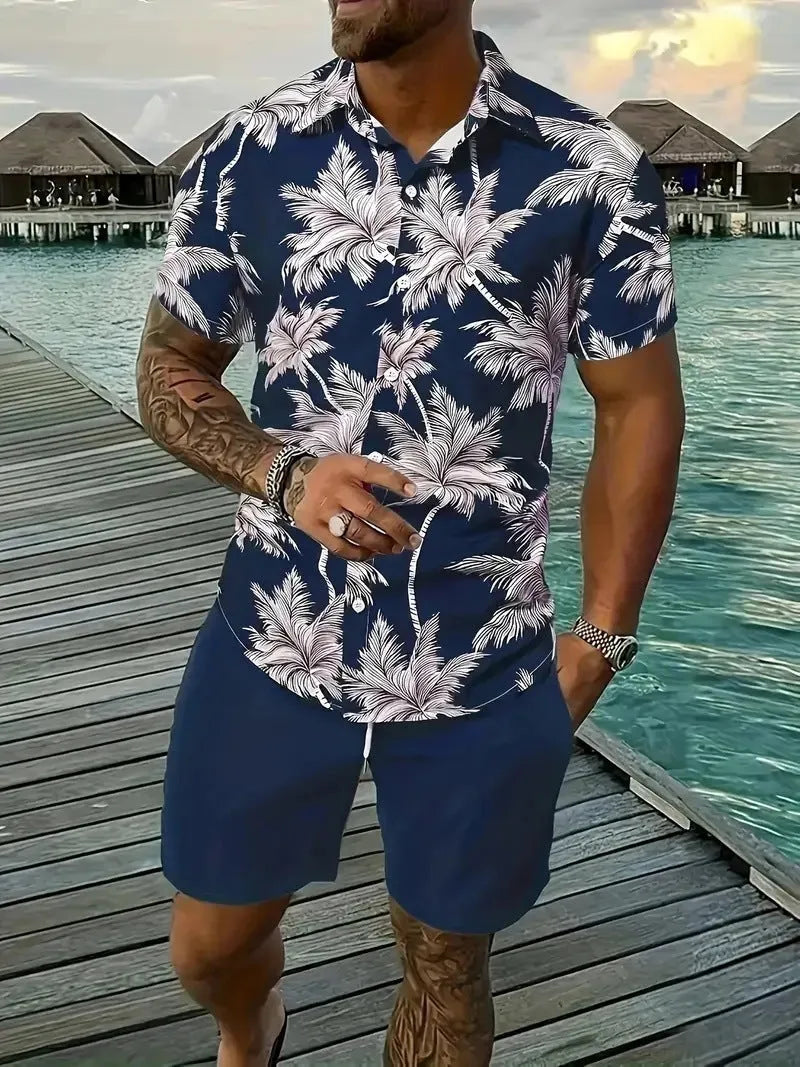 Men's 3D printed Hawaiian shirt and shorts co-ord set in a casual style.