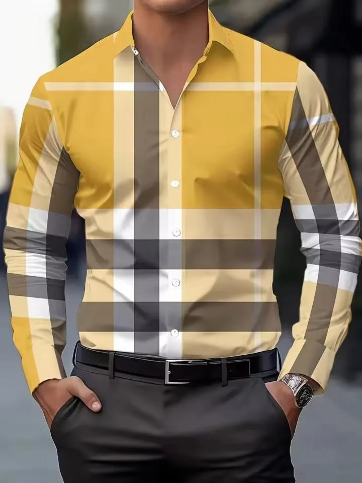 Man wearing a printed long sleeve shirt with a button lapel collar, showing the striped pattern.