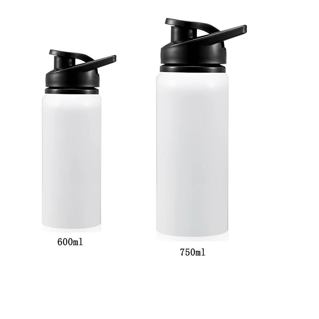 White aluminium sports water bottle for cycling and outdoor activities showing 600ml and 750ml capacity options